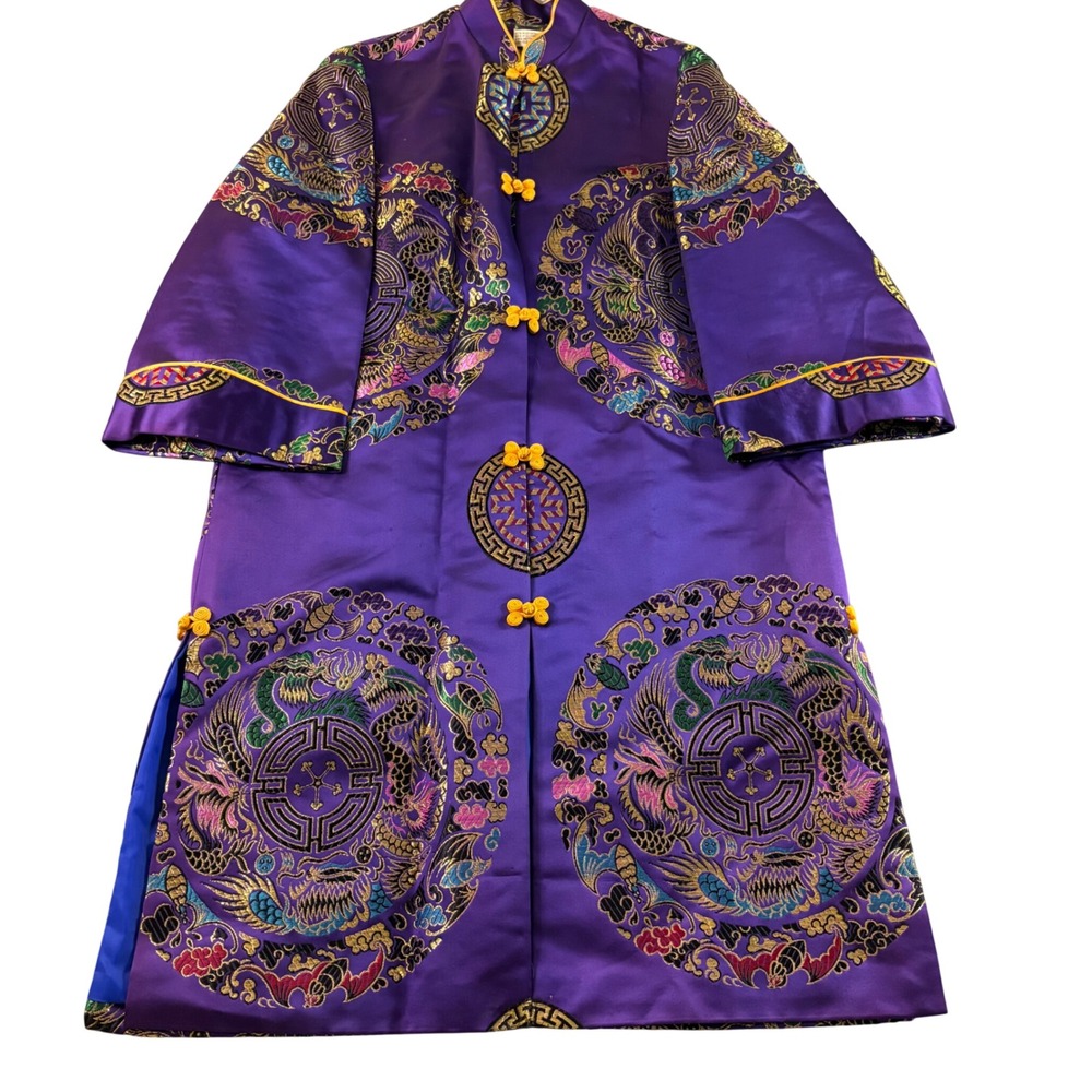VTG Purple Dragon Phoenix Brocade Satin Cheongsam Duster Jacket Frog Closure 12